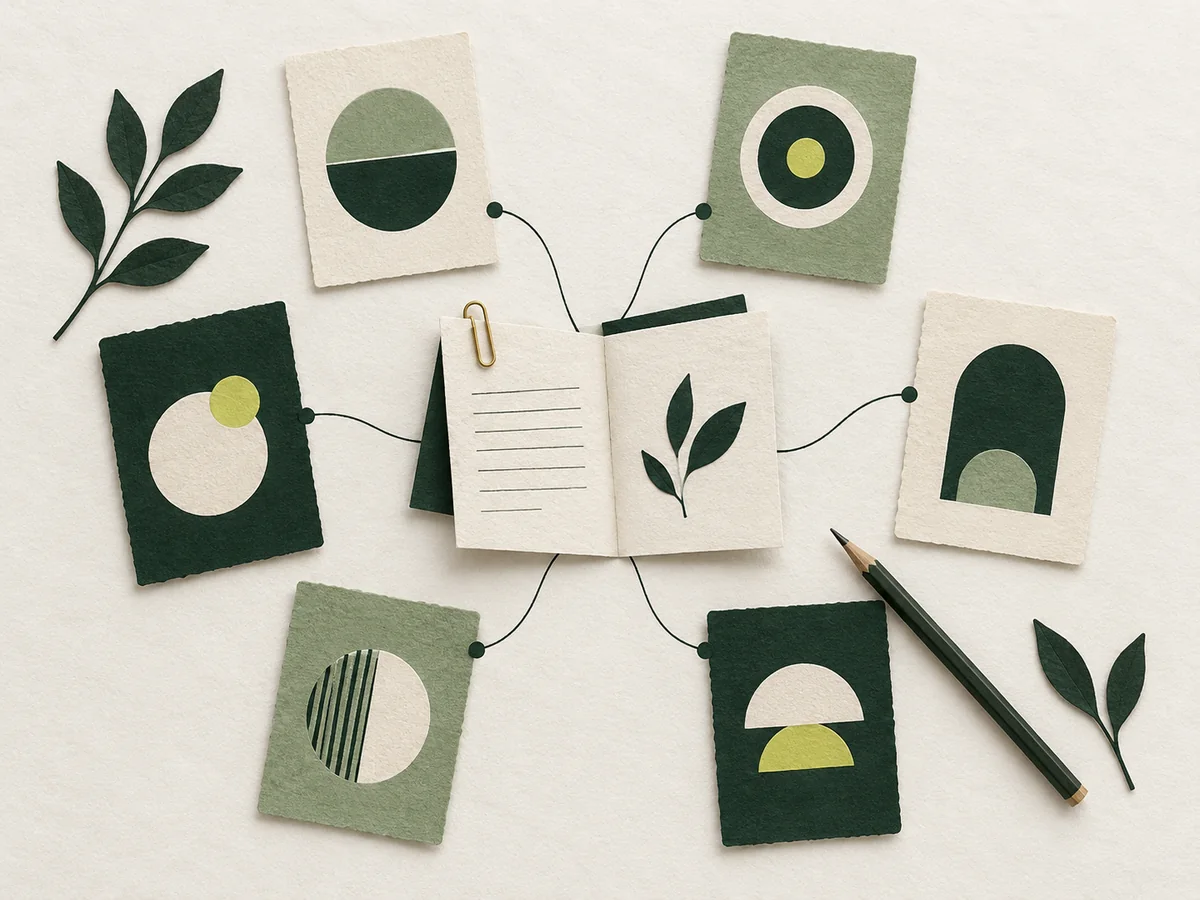 An editorial illustration of six distinct paper cards connected to a research brief.