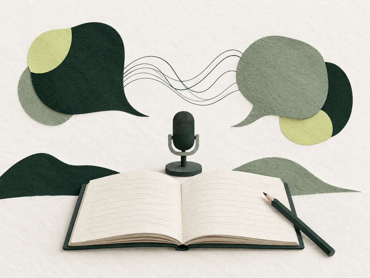 An editorial illustration of speech forms, a microphone and an open notebook.